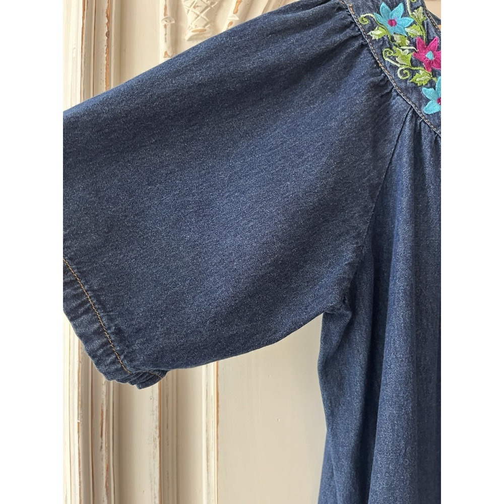 Vermont Country Store Denim Dress Embroidered Floral Peasant Boho Size L - Picture 5 of 10